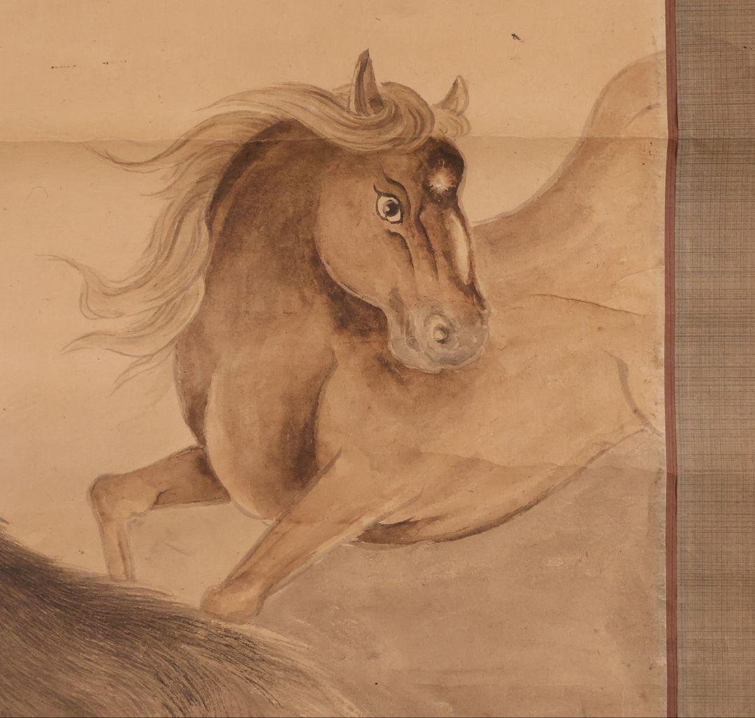 【模写】日本画 在銘 照月 動物図 馬 猪 兎 紙本 掛軸 鳥獣 MB271