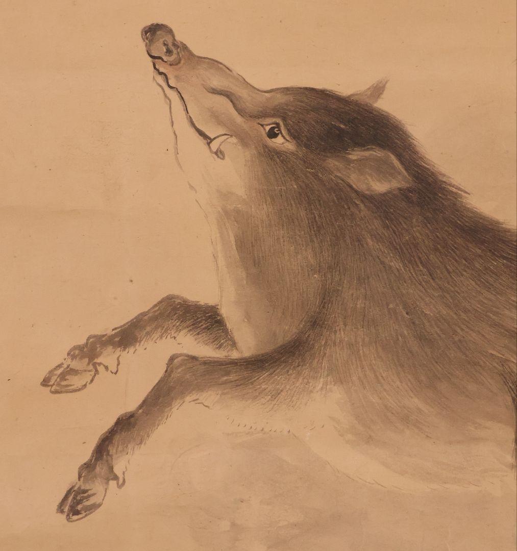 【模写】日本画 在銘 照月 動物図 馬 猪 兎 紙本 掛軸 鳥獣 MB271