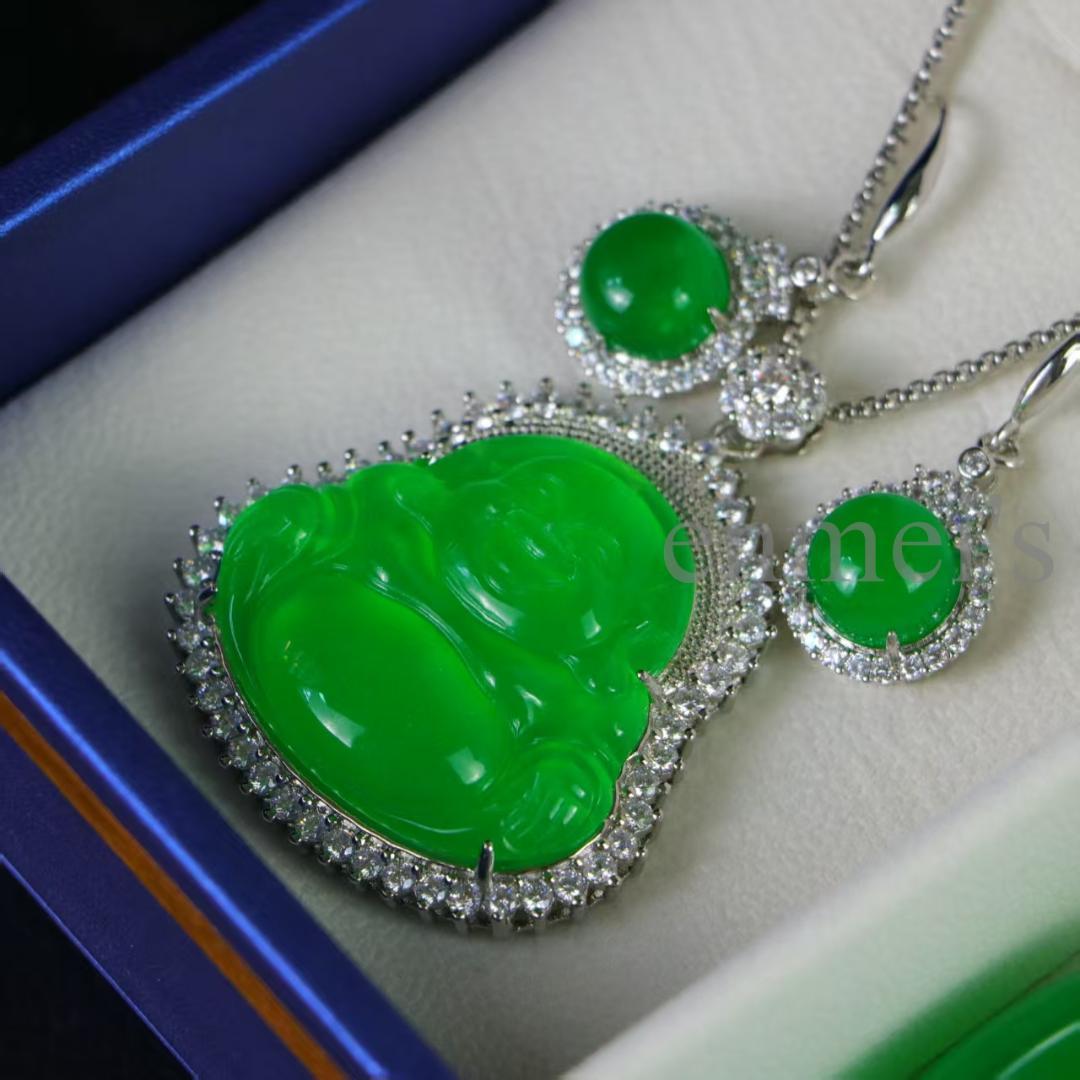 高級天然冰種翡翠 仏像モチーフジュエリーセット 銀製装飾付 精工細作 宗教美術品