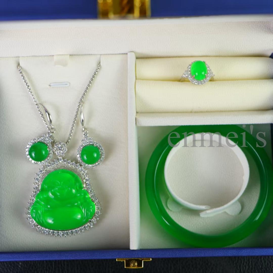 高級天然冰種翡翠 仏像モチーフジュエリーセット 銀製装飾付 精工細作 宗教美術品