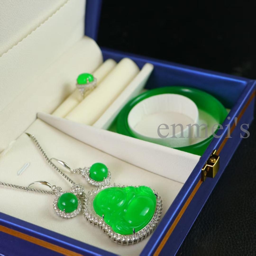 高級天然冰種翡翠 仏像モチーフジュエリーセット 銀製装飾付 精工細作 宗教美術品