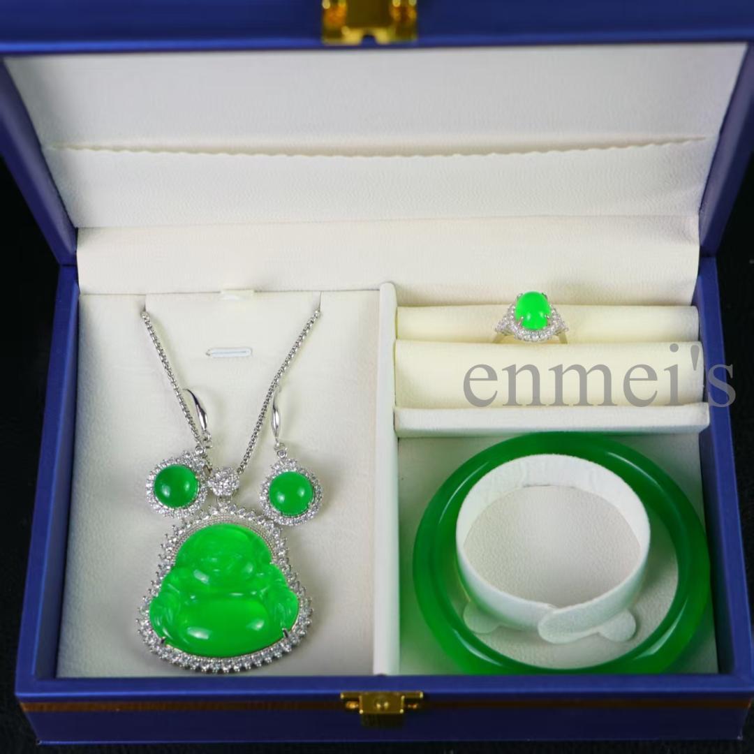 高級天然冰種翡翠 仏像モチーフジュエリーセット 銀製装飾付 精工細作 宗教美術品