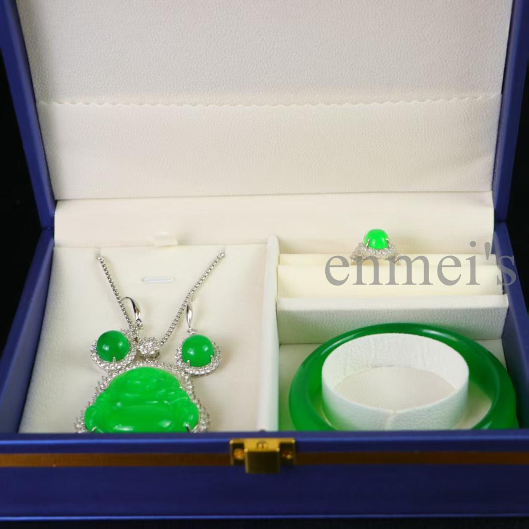 高級天然冰種翡翠 仏像モチーフジュエリーセット 銀製装飾付 精工細作 宗教美術品