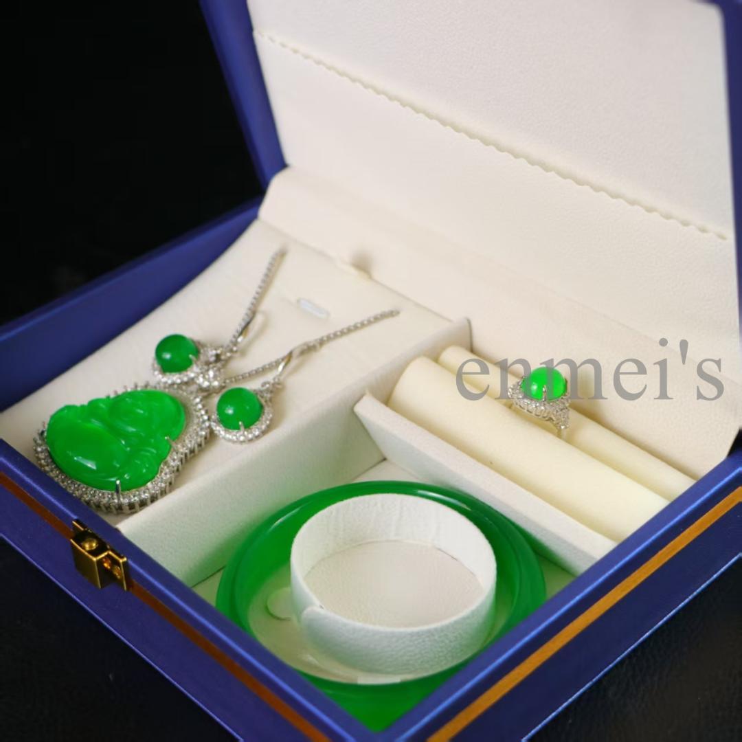 高級天然冰種翡翠 仏像モチーフジュエリーセット 銀製装飾付 精工細作 宗教美術品