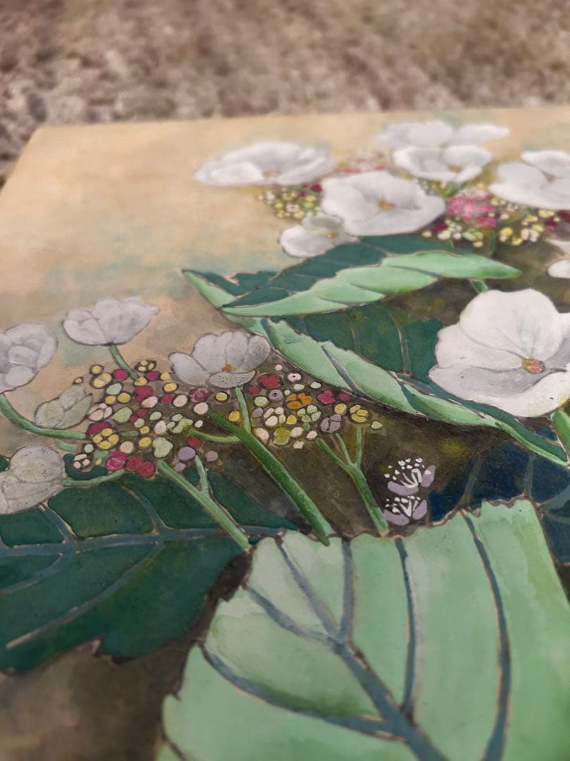 日本画 白い花 木製フレーム付き　【作者不明】