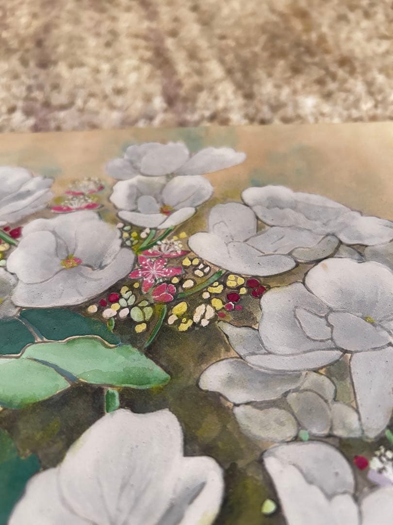 日本画 白い花 木製フレーム付き　【作者不明】