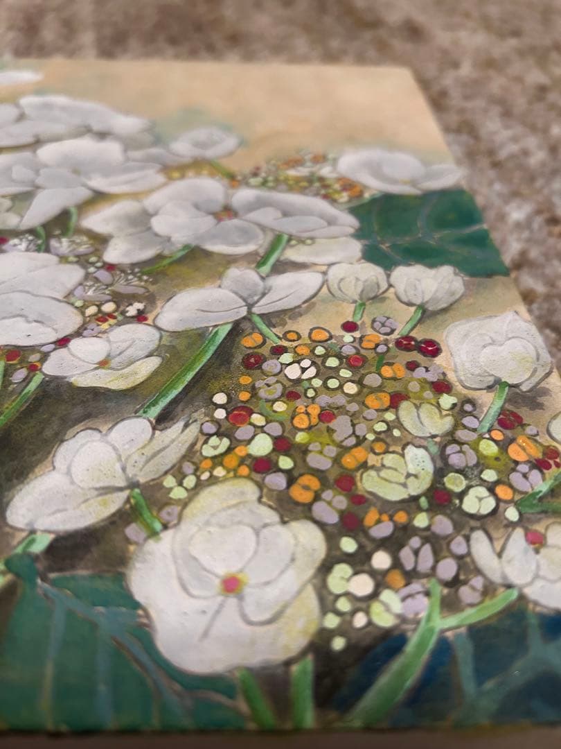 日本画 白い花 木製フレーム付き　【作者不明】