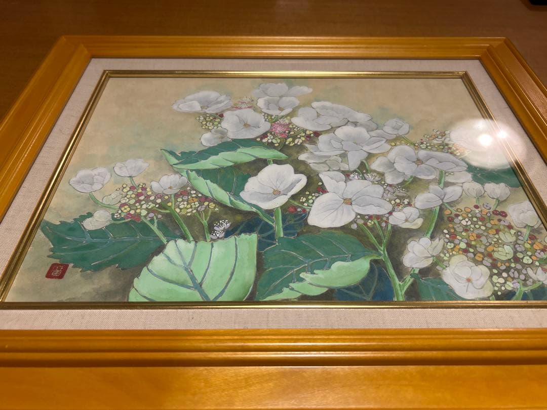 日本画 白い花 木製フレーム付き　【作者不明】