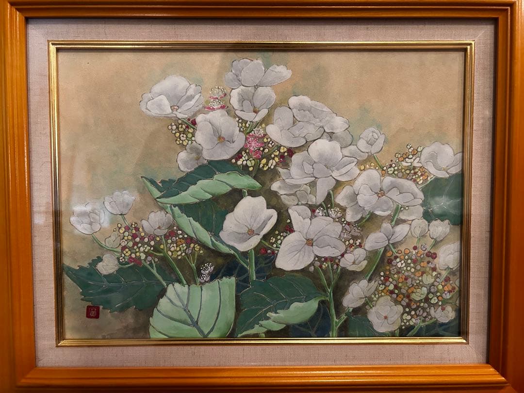 日本画 白い花 木製フレーム付き　【作者不明】
