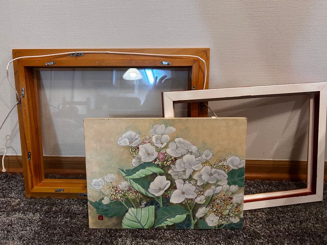 日本画 白い花 木製フレーム付き　【作者不明】