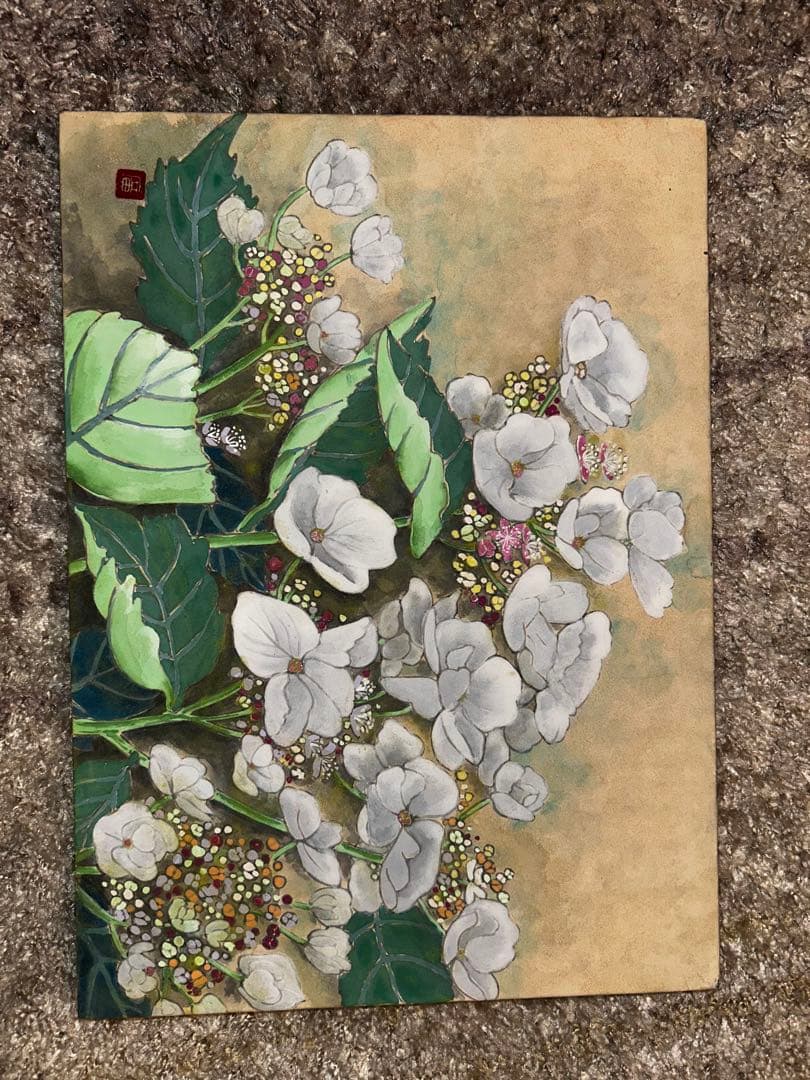 日本画 白い花 木製フレーム付き　【作者不明】