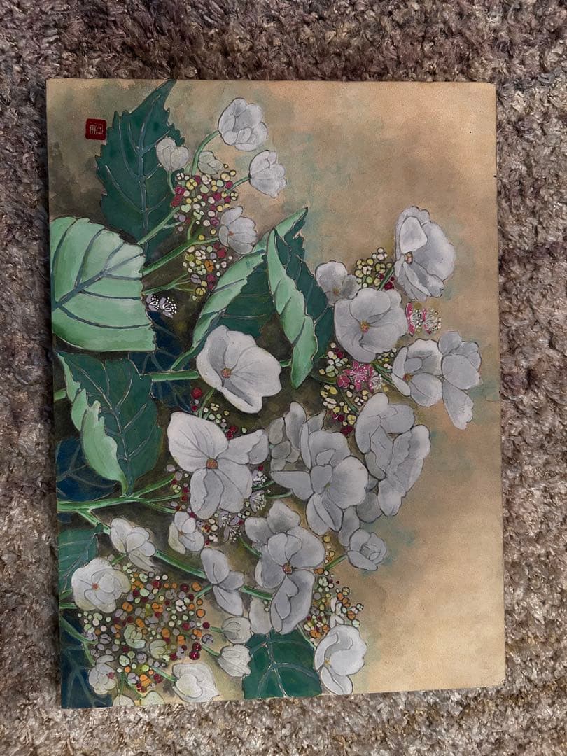 日本画 白い花 木製フレーム付き　【作者不明】