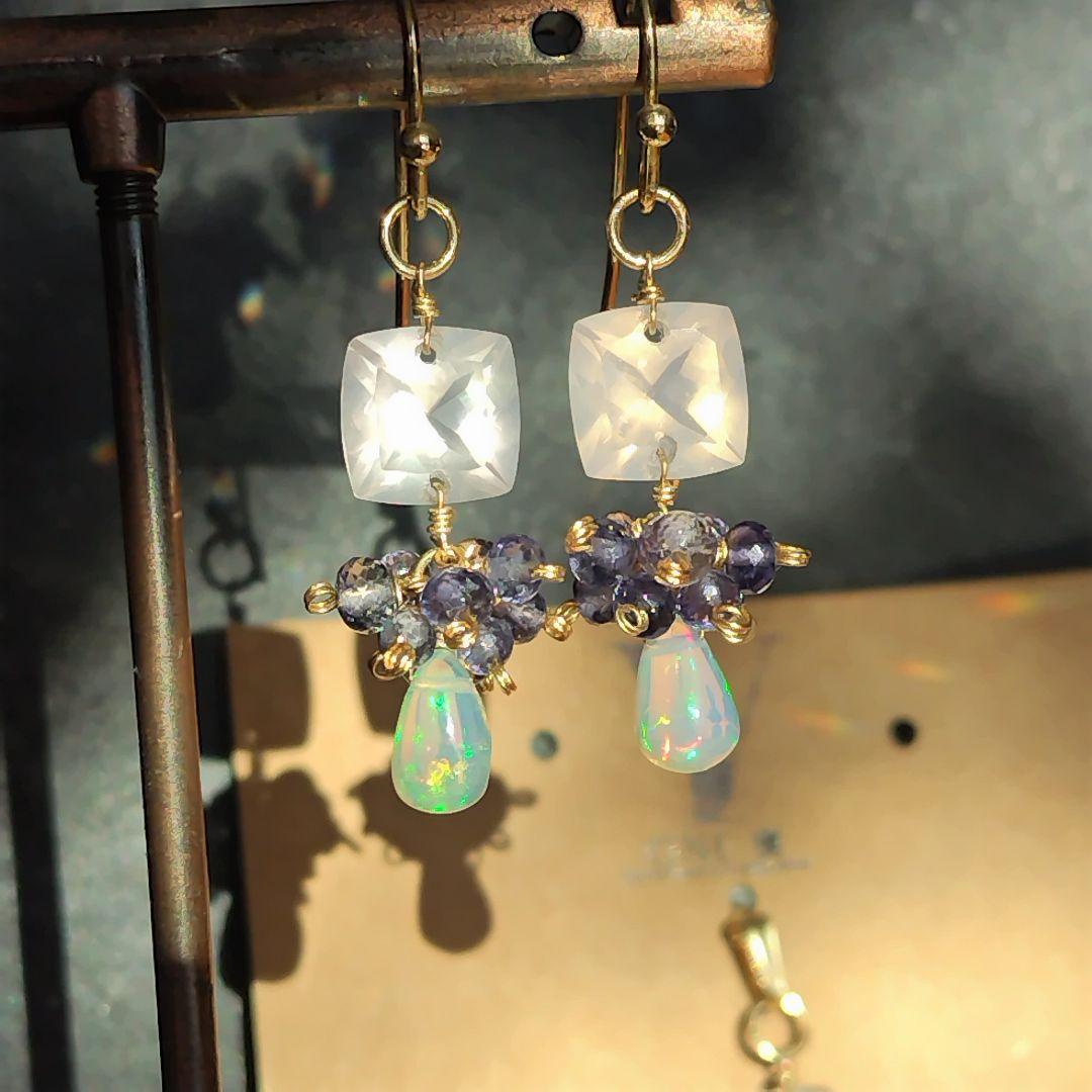 宝石質　ローズクォーツ　アイオライト　オパール　ピアス　ペンダントトップset