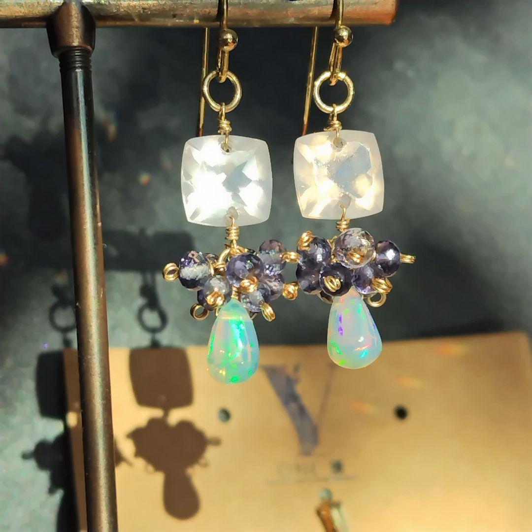 宝石質　ローズクォーツ　アイオライト　オパール　ピアス　ペンダントトップset