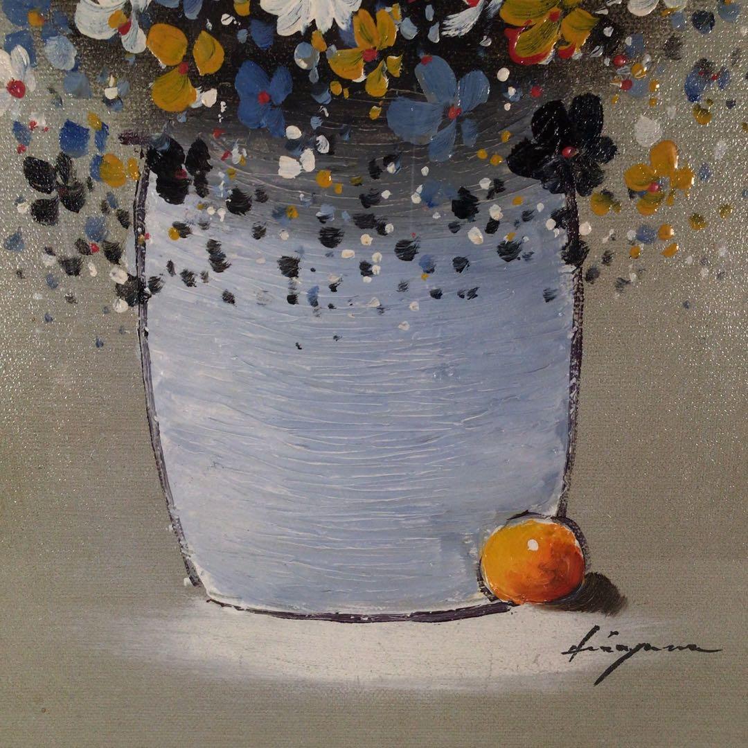 No4801 油彩画　平山講平「黄色い花」直筆サイン　肉筆絵画　美術品　送料無料