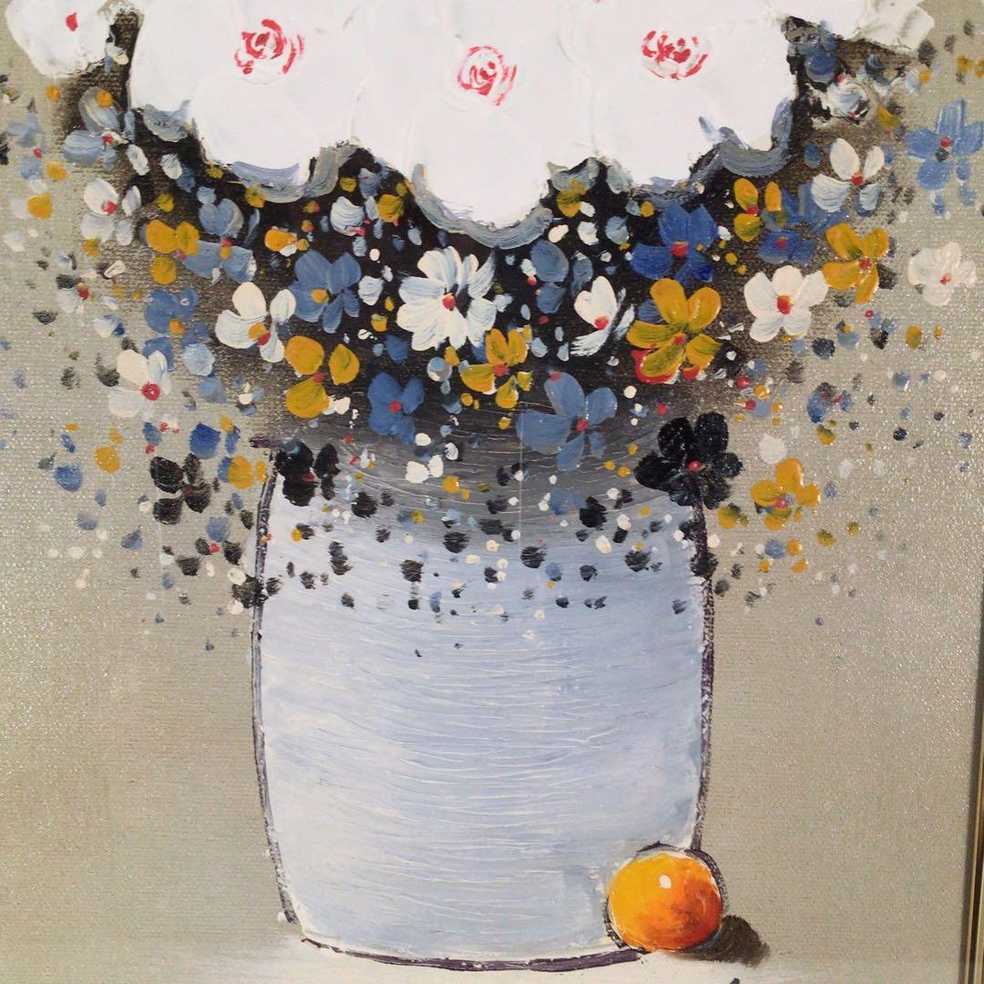 No4801 油彩画　平山講平「黄色い花」直筆サイン　肉筆絵画　美術品　送料無料