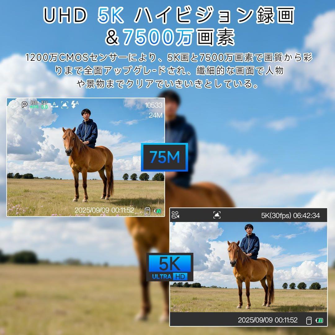 デジカメ 5K 7500万画素 カメラ 180度回転可能 18倍ズーム