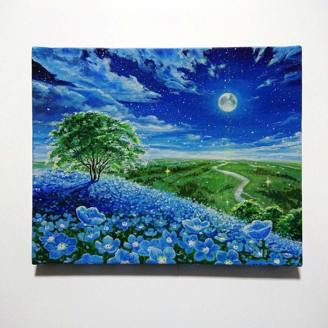 【月夜のネモフィラ】アクリル画 F3 風景画 絵画