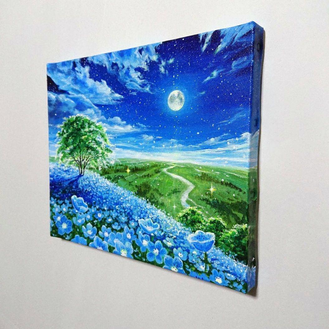 【月夜のネモフィラ】アクリル画 F3 風景画 絵画