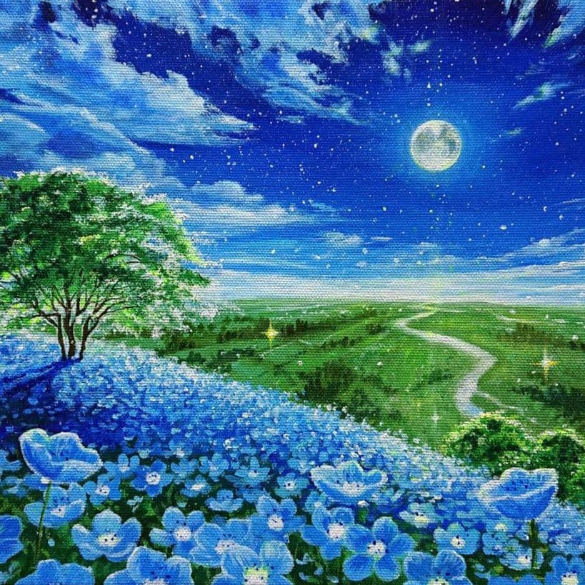 【月夜のネモフィラ】アクリル画 F3 風景画 絵画