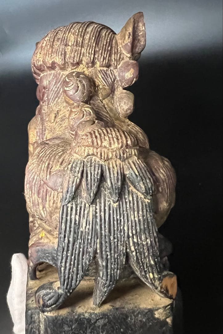 ◎古道具 庵々◎清朝中後期 木彫 守護獅子置物◎狛犬 唐物中国古美術 骨董古寺院