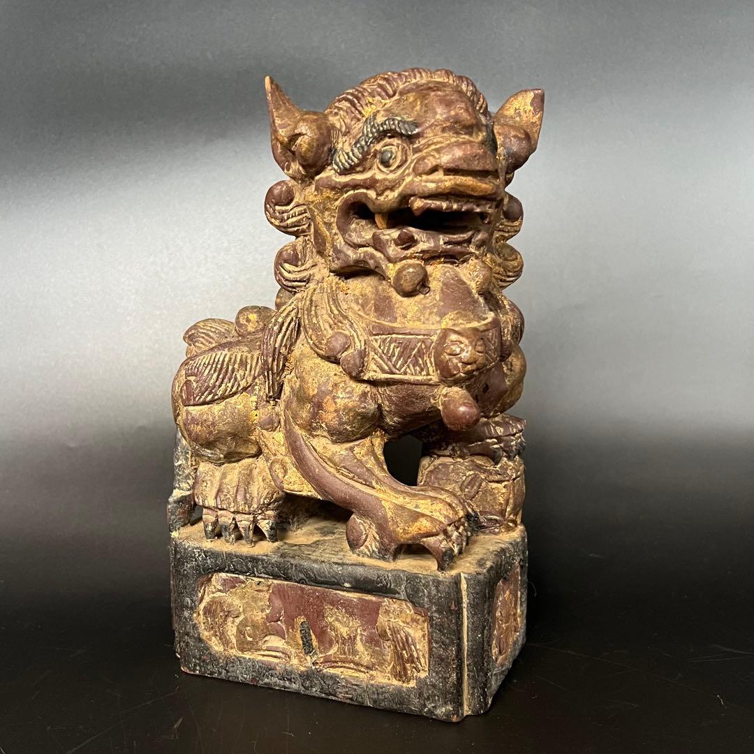 ◎古道具 庵々◎清朝中後期 木彫 守護獅子置物◎狛犬 唐物中国古美術 骨董古寺院