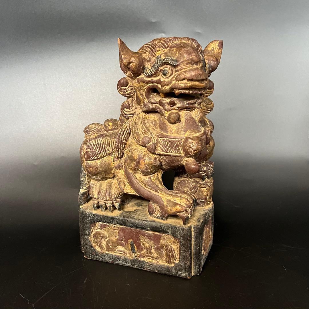 ◎古道具 庵々◎清朝中後期 木彫 守護獅子置物◎狛犬 唐物中国古美術 骨董古寺院