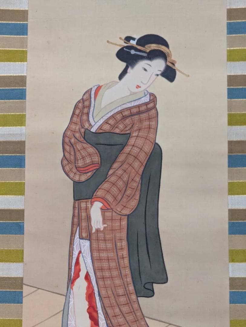 【真作】掛軸　美人画　上品な女性の佇まい　伝統美を描く　合箱入　R14