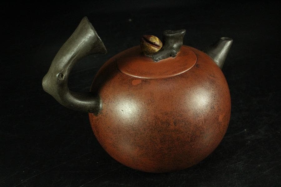 中国美術 朱泥 丸形 枝手 茶器 急須 在銘(K-YC689)