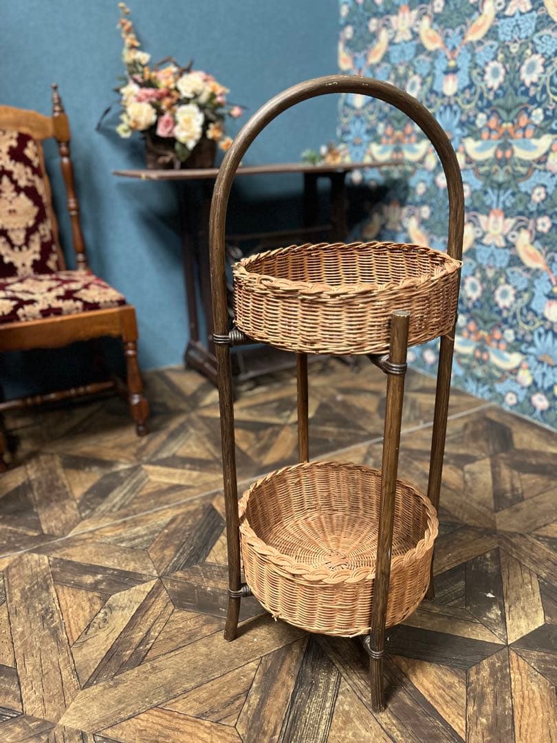 はるなな＊籐 ラタン 2段 バスケット かご インテリア 昭和レトロ