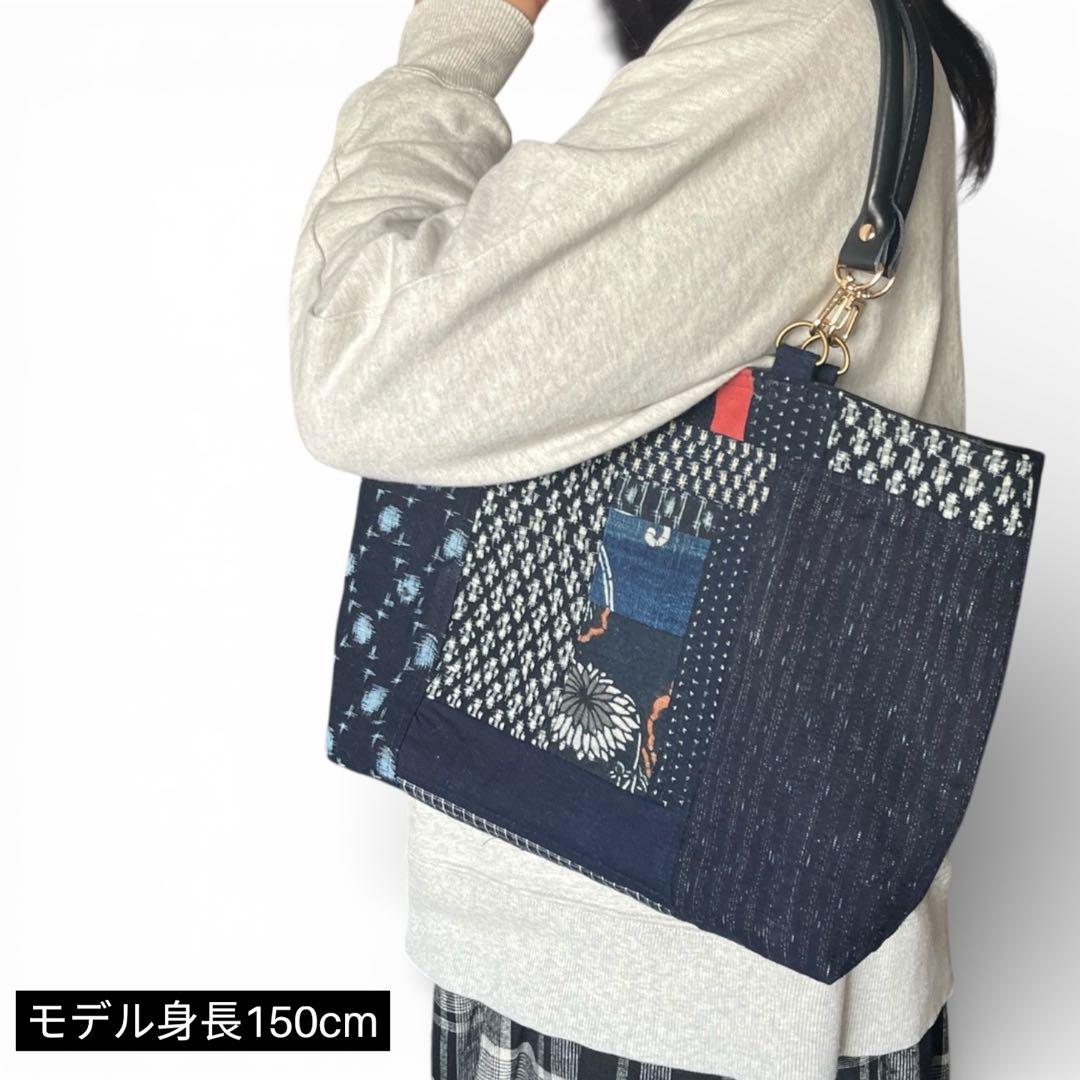 【本革持ち手】古布藍染61\"パッチワークトート　A4収納　軽量　底板付　和モダン