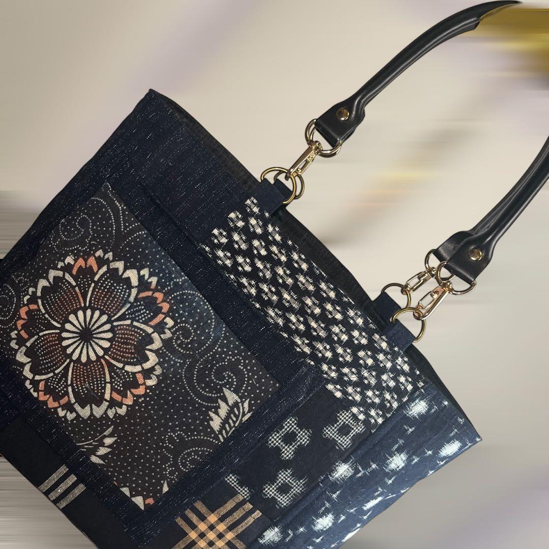 【本革持ち手】古布藍染61\"パッチワークトート　A4収納　軽量　底板付　和モダン