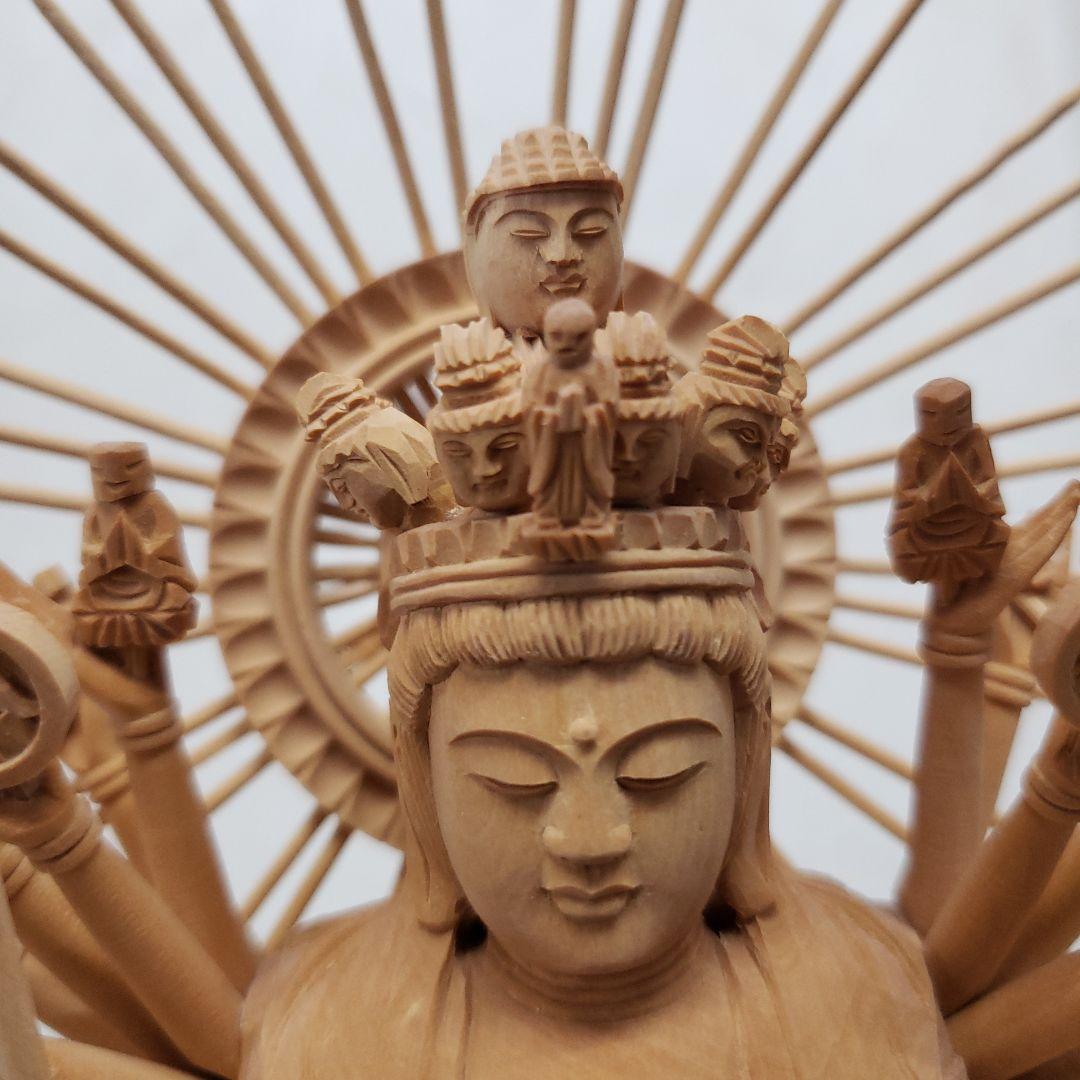 蔵出し特価希少上彫り仏像★柘植材 千手観音菩薩像5寸立★全高 約30cm