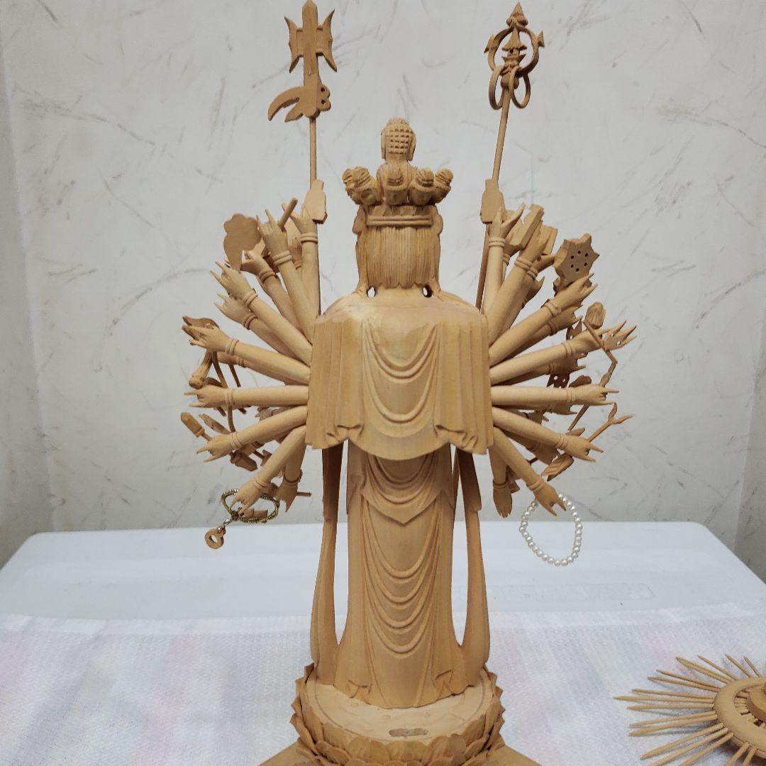 蔵出し特価希少上彫り仏像★柘植材 千手観音菩薩像5寸立★全高 約30cm
