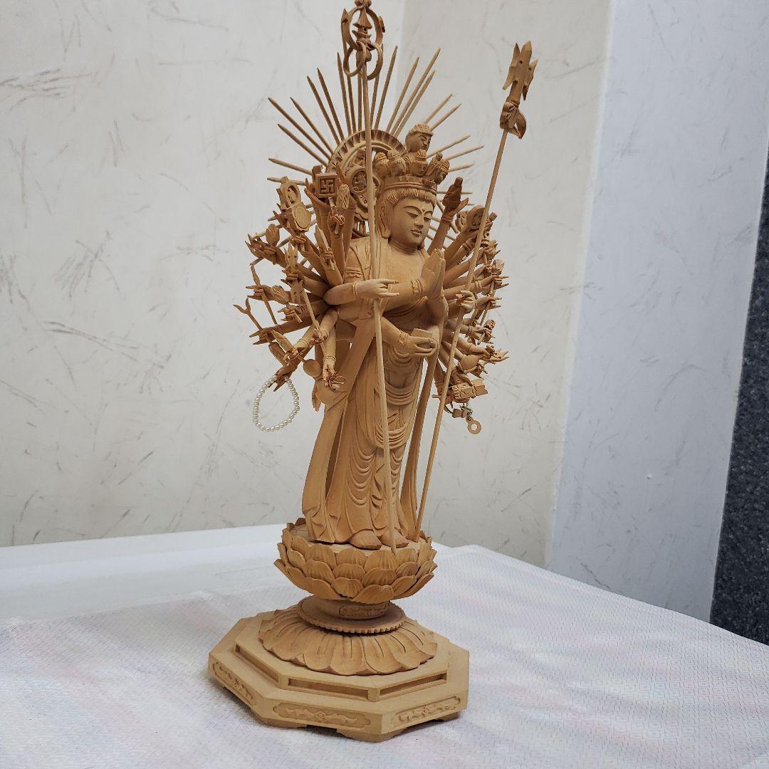 蔵出し特価希少上彫り仏像★柘植材 千手観音菩薩像5寸立★全高 約30cm