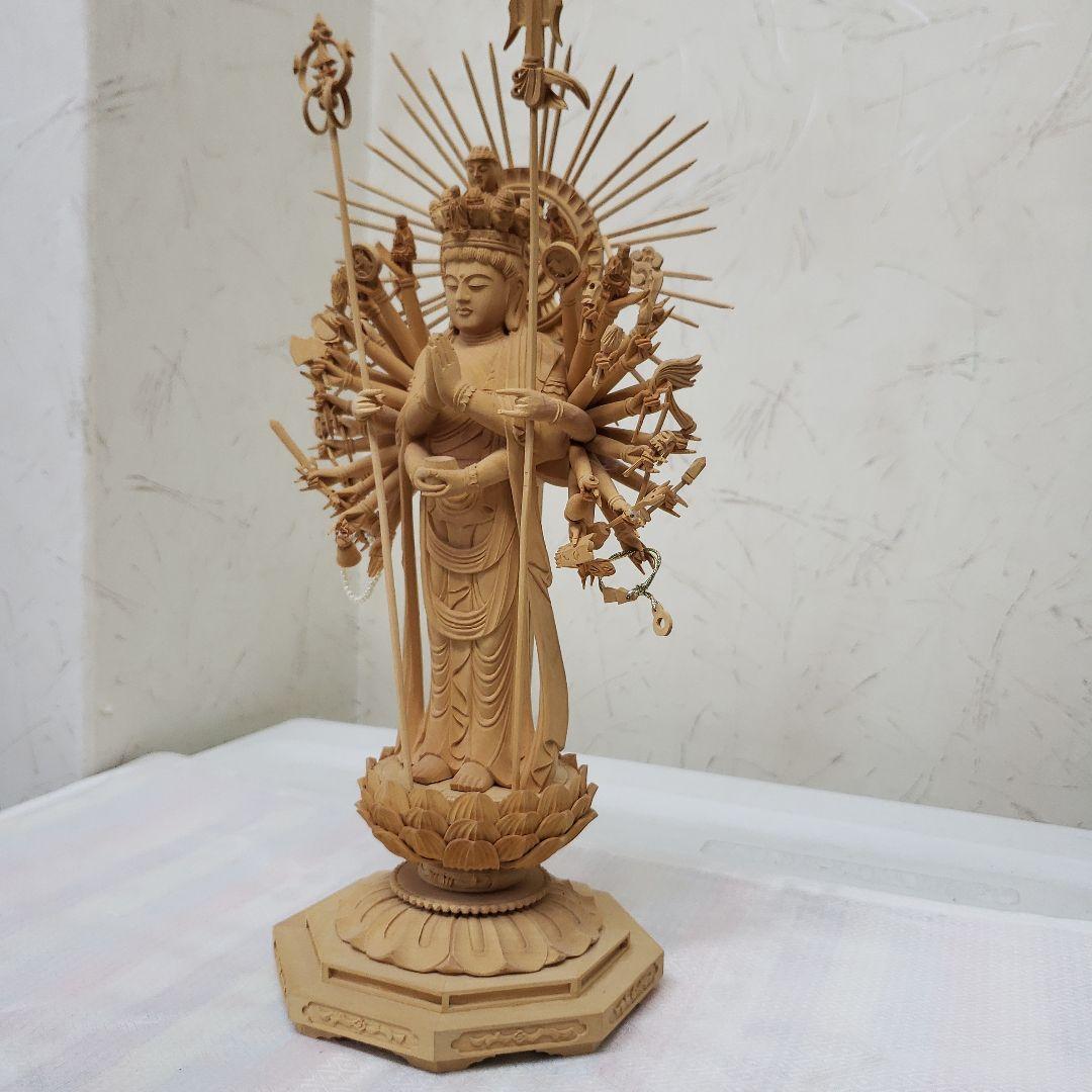 蔵出し特価希少上彫り仏像★柘植材 千手観音菩薩像5寸立★全高 約30cm