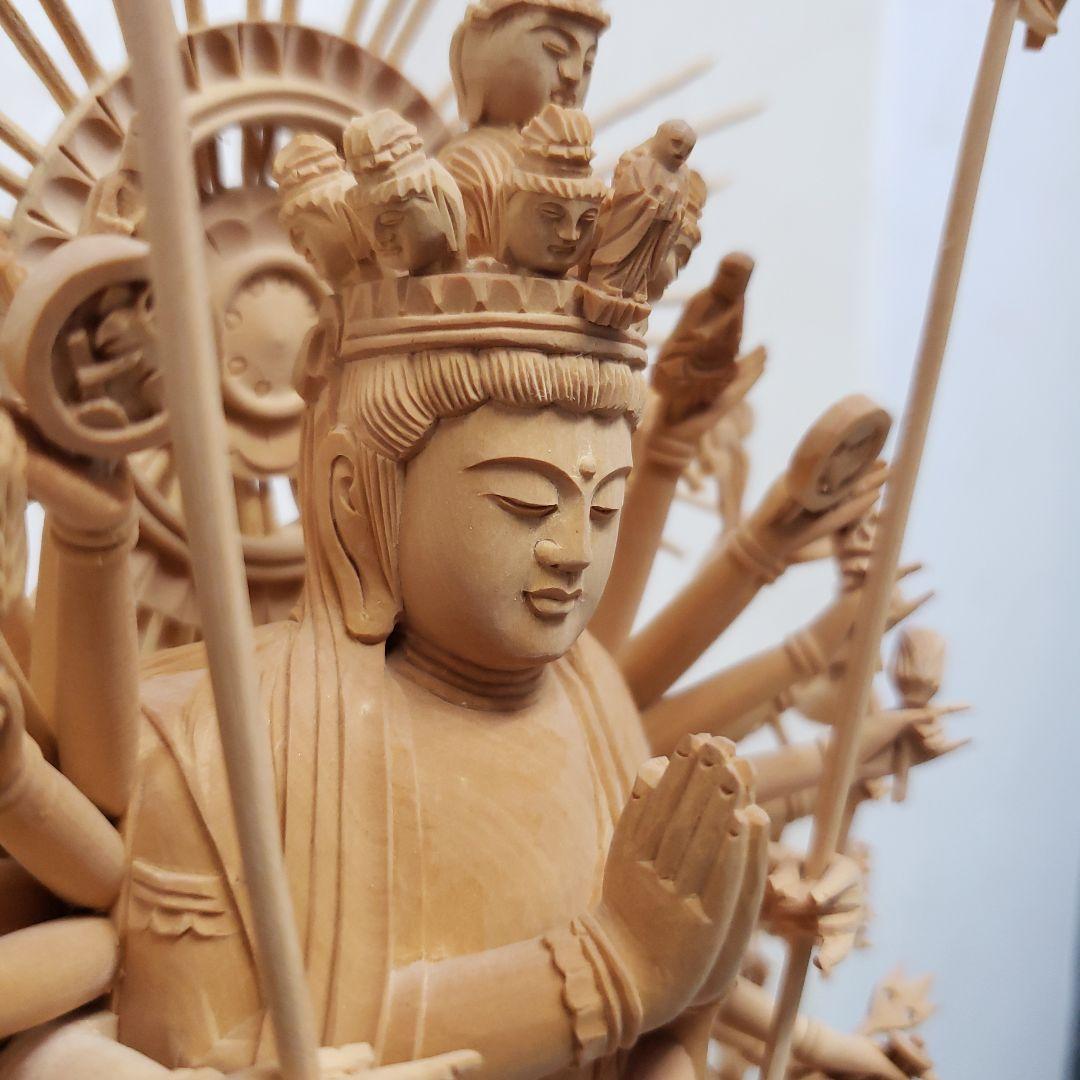 蔵出し特価希少上彫り仏像★柘植材 千手観音菩薩像5寸立★全高 約30cm