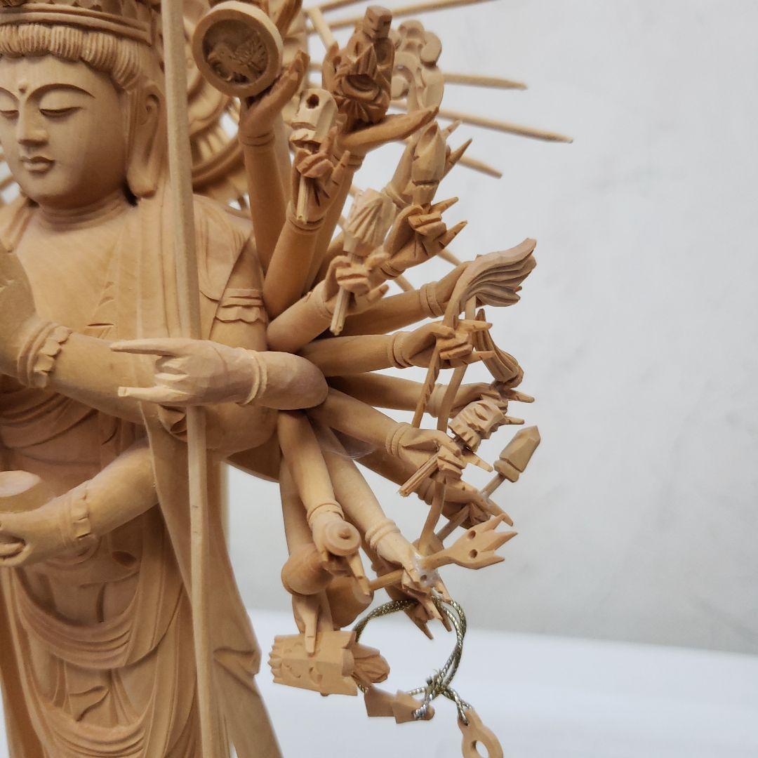 蔵出し特価希少上彫り仏像★柘植材 千手観音菩薩像5寸立★全高 約30cm