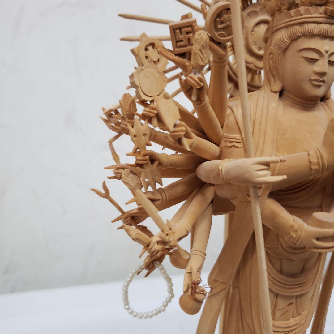 蔵出し特価希少上彫り仏像★柘植材 千手観音菩薩像5寸立★全高 約30cm