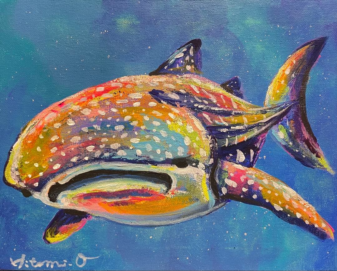 カラフルなジンベイザメの絵画　原画　キャンバス　現代アート　海　アクリル画　動物