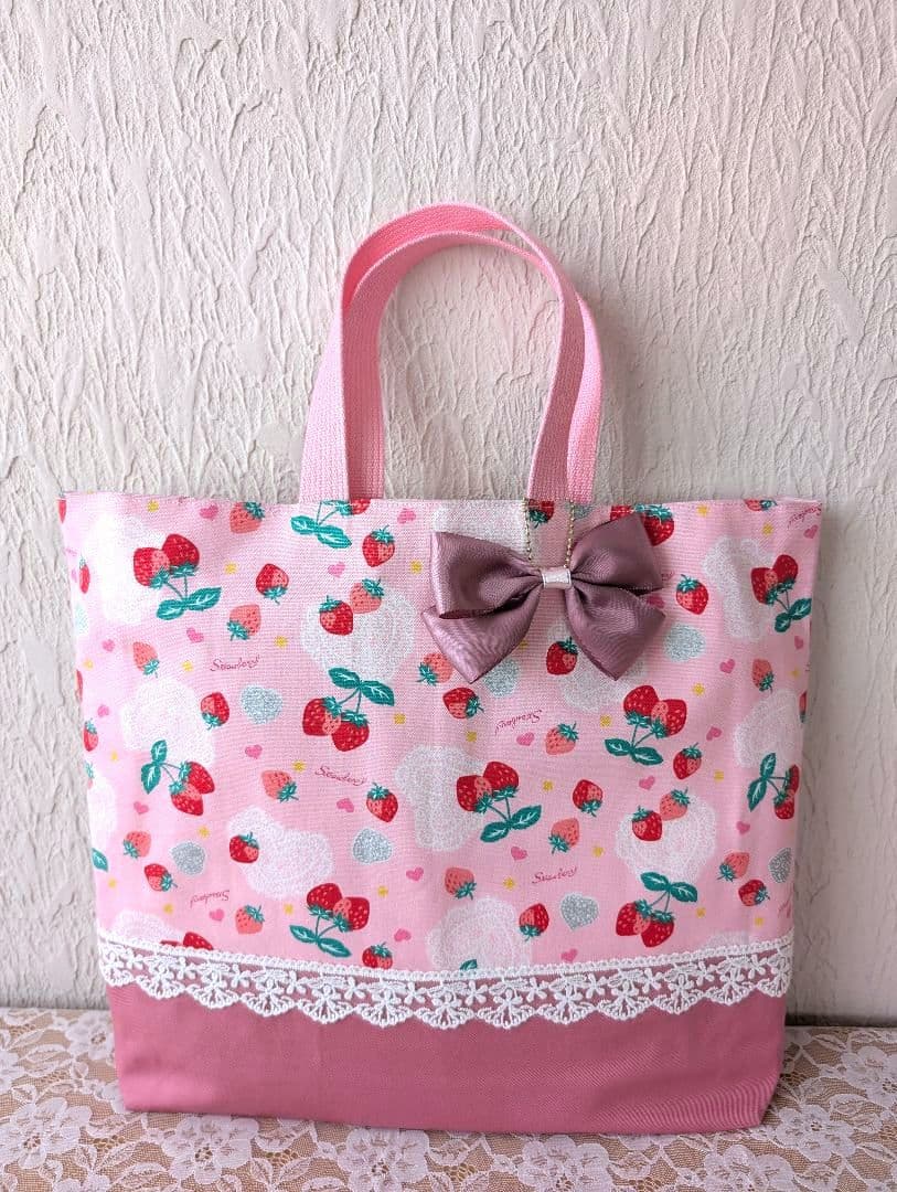 苺柄＆ピンク　入園入学6点セット、女の子レッスンバック☆上履き袋☆体操着袋