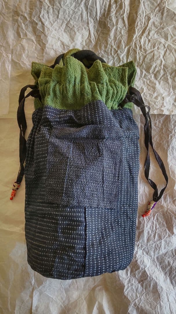 古布 パッチワーク 巾着 バッグ 大島紬 縮緬 刺し子 絣 リメイク 襤褸