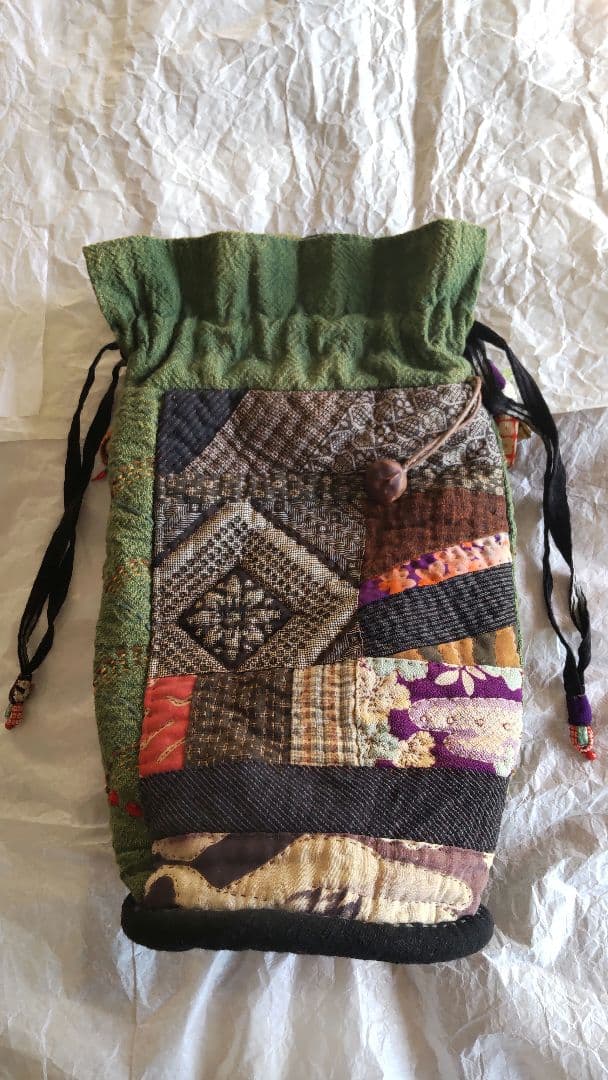 古布 パッチワーク 巾着 バッグ 大島紬 縮緬 刺し子 絣 リメイク 襤褸