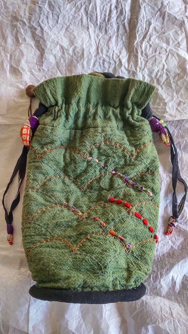 古布 パッチワーク 巾着 バッグ 大島紬 縮緬 刺し子 絣 リメイク 襤褸