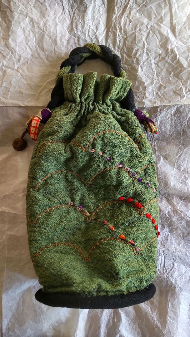 古布 パッチワーク 巾着 バッグ 大島紬 縮緬 刺し子 絣 リメイク 襤褸