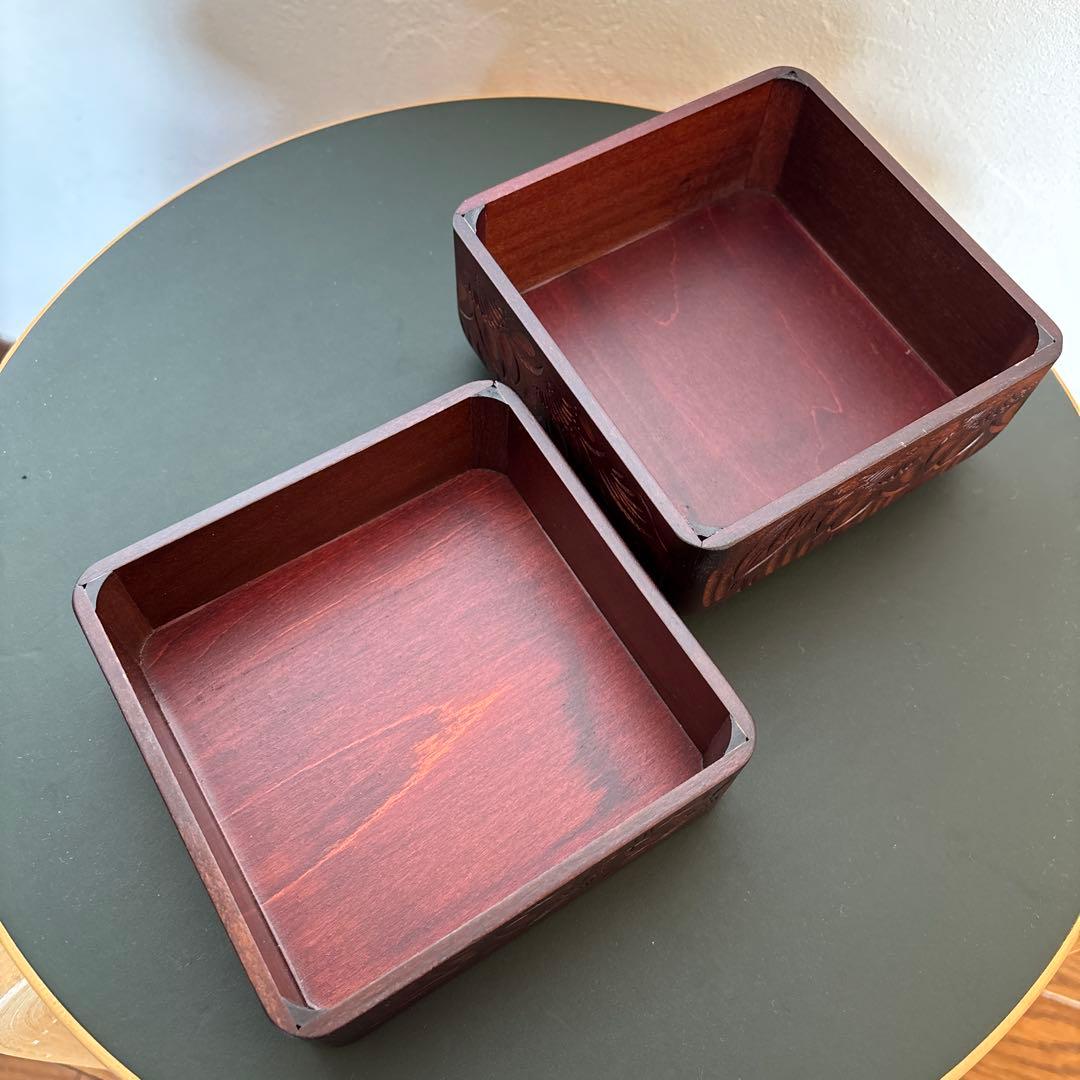 【美品/逸品】 一彫堂 軽井沢彫り 桜紋 小物入れ 小箱 二段 蓋付 伝統工芸