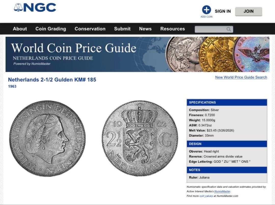 オランダ 2.5ギルダー 銀貨　1960年