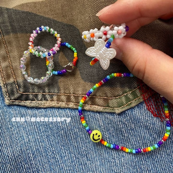 【x-2】ビーズリング ブレスレット ✿ 韓国 カラフル ニコちゃん 蝶々