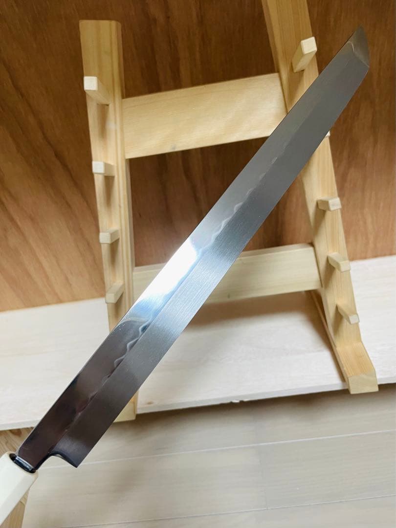 白木作　本焼　蛸引 先丸　包丁　鏡面　尺　緑檀両端人工象牙銀巻