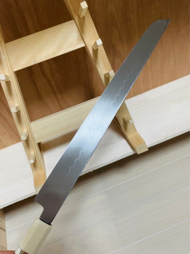 白木作　本焼　蛸引 先丸　包丁　鏡面　尺　緑檀両端人工象牙銀巻